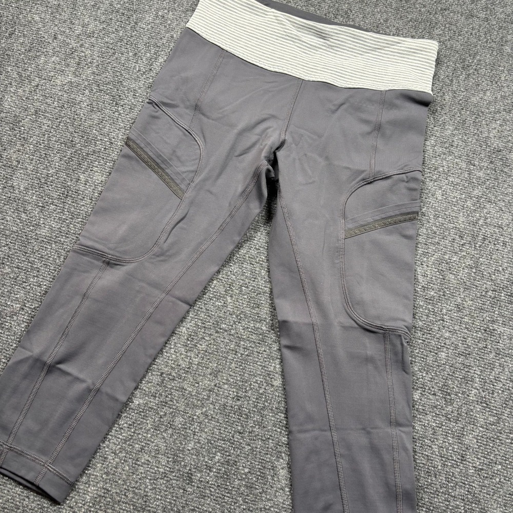 Lululemon Run For Fun‎ Crop Leggings Women 6 Gray Striped Waist Pockets 18.5"